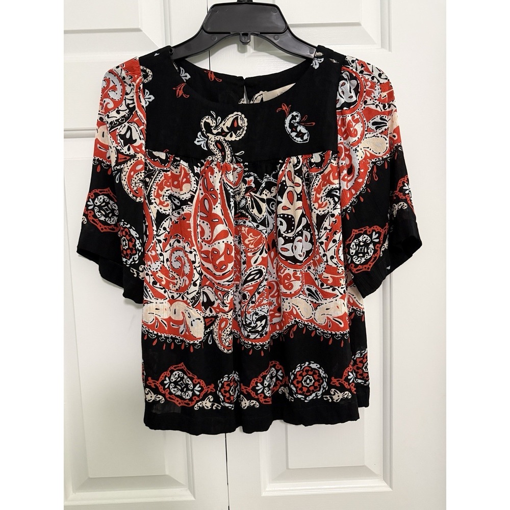 LOFT Petite Smock Boho Top Black Print Size XSP